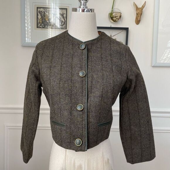 Vintage Jackets & Blazers - Vintage 60s Green Brown Glenn Plaid Cropped Jacket Wool XS